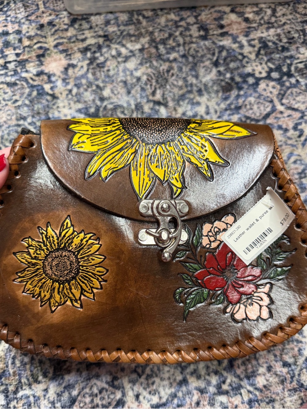 Hand-Painted Brown Leather Crossbody Bag with Sunflower Motif matching wallet